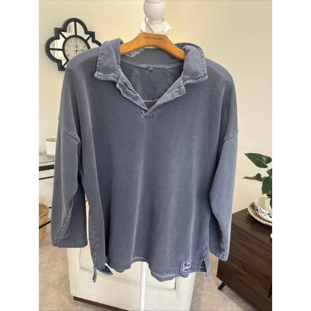 Sloppy Joe Jackie Harris Collar Shirt Sweater Blue Washed Organic Cotton Sz 1 XL